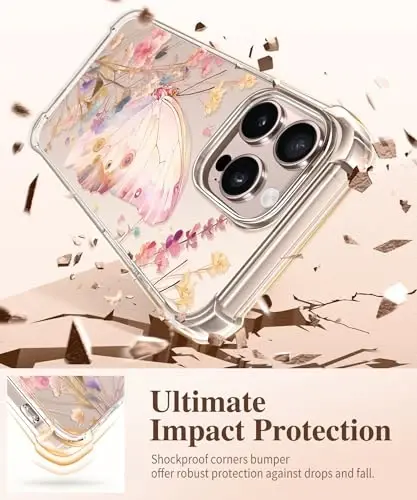iPhone 16 Pro Max uchun GVIEWIN gul naqshli g‘ilof, ekran va kamera linzalari uchun himoya plyonkasi bilan, [sarg‘aymaydigan] ayollar uchun ingichka, zarbaga chidamli shaffof g‘ilof, gul naqshli dizayn 6.9