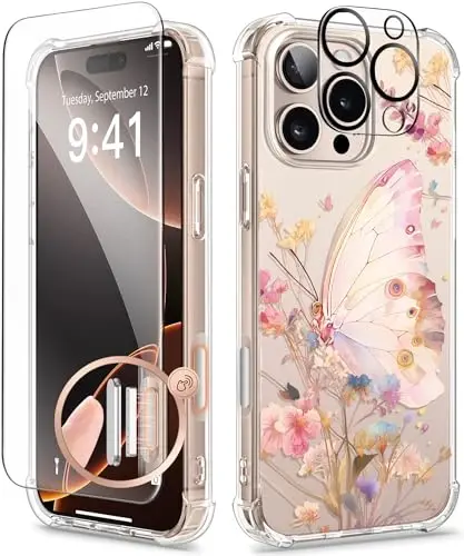 iPhone 16 Pro Max uchun GVIEWIN gul naqshli g‘ilof, ekran va kamera linzalari uchun himoya plyonkasi bilan, [sarg‘aymaydigan] ayollar uchun ingichka, zarbaga chidamli shaffof g‘ilof, gul naqshli dizayn 6.9