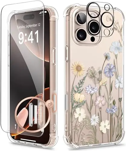 iPhone 16 Pro Max uchun GVIEWIN guli g‘ilof, ekran va kamera linzalari himoyasi bilan, [sarg‘aymaydigan] ayollar uchun ingichka zarbaga chidamli shaffof himoya g‘ilofi, gul naqshli dizayn 6,9