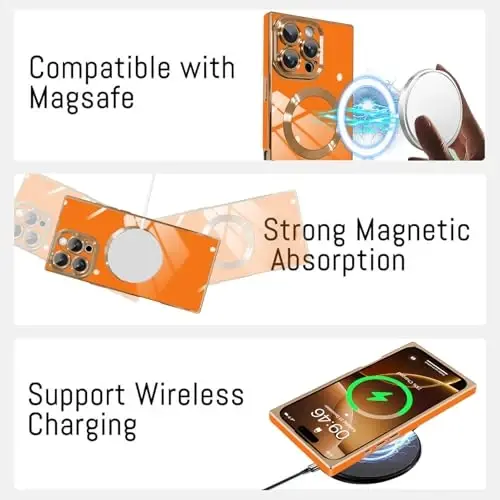 iPhone 16 Pro Max uchun KANGHAR magnitli g‘ilofi [MagSafe bilan mos keladi] Hashamatli yoqimli qoplama dizayni, butun tanani himoya qiluvchi tirnalishga qarshi va zarbga chidamli bamperli himoya g‘ilofi, to‘q sariq rang. - 4