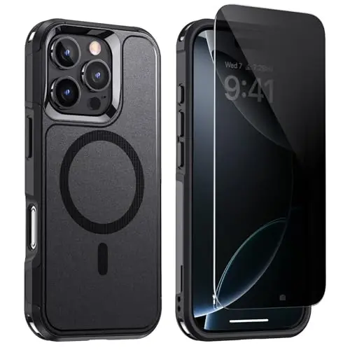 iPhone 16 Pro Max uchun Lanhiem magnitli g‘ilof, maxfiylikni himoyalovchi ekran plyonkasi bilan [MagSafe bilan mos], zarbaga chidamli harbiy darajadagi himoya g‘ilofi (Qora) - 5