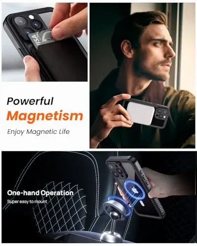 iPhone 16 Pro Max uchun Lanhiem maxfiylik g‘ilofi, IP68 suv va chang o‘tkazmaydi, [MagSafe bilan mos] [O‘rnatilgan josuslikka qarshi ekran himoyachisi] Mustahkam to‘liq korpusli magnit telefon g‘ilofi (Qora/Shaffof) - 5