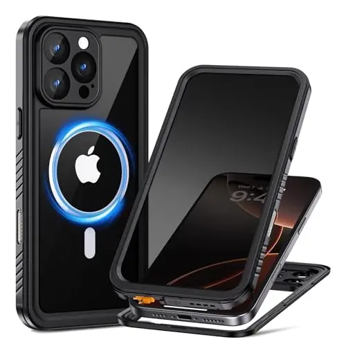 iPhone 16 Pro Max uchun Lanhiem maxfiylik g‘ilofi, IP68 suv va chang o‘tkazmaydi, [MagSafe bilan mos] [O‘rnatilgan josuslikka qarshi ekran himoyachisi] Mustahkam to‘liq korpusli magnit telefon g‘ilofi (Qora/Shaffof) 