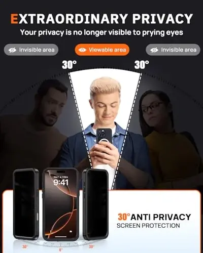 iPhone 16 Pro Max uchun Lanhiem maxfiylik g‘ilofi, IP68 suv va chang o‘tkazmaydi, [MagSafe bilan mos] [O‘rnatilgan josuslikka qarshi ekran himoyachisi] Mustahkam to‘liq korpusli magnit telefon g‘ilofi (Qora/Shaffof) - 3
