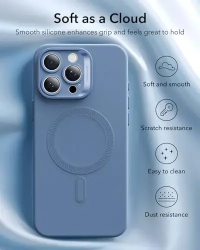 iPhone 16 Pro Max uchun MagSafe bilan ESR g‘ilofi, Magnitli zaryadlashni qo‘llab-quvvatlaydi, Silliq va ingichka silikon g‘ilof, Zarba o‘tkazmaydigan, To‘liq ekran va kamera himoyasi, Yumshoq mikrofiber astar, Och ko‘k - 4