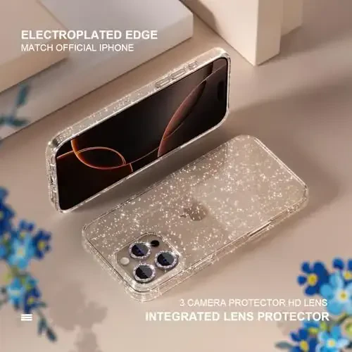 iPhone 16 Pro Max uchun mos Choiche ayollar telefon qutisi, chiroyli yaltiroq, harbiy darajadagi himoya, 3 ta olmosli kamera linzalari qopqog'i, 2 ta temperli shisha himoyachisi, 6,9 dyuym (Yaltiroq tiniq) - 5