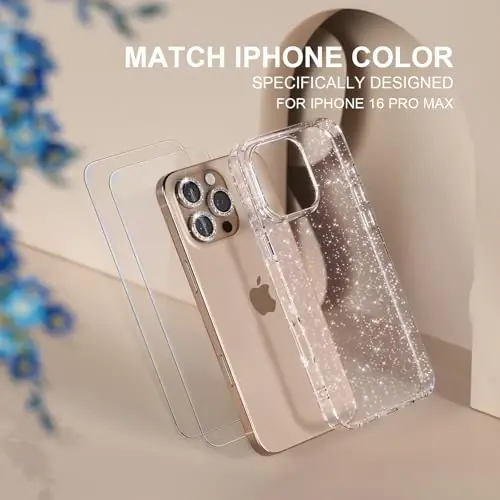 iPhone 16 Pro Max uchun mos Choiche ayollar telefon qutisi, chiroyli yaltiroq, harbiy darajadagi himoya, 3 ta olmosli kamera linzalari qopqog'i, 2 ta temperli shisha himoyachisi, 6,9 dyuym (Yaltiroq tiniq) - 2