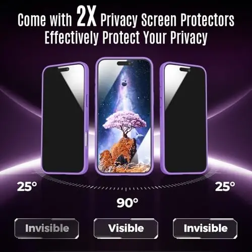 iPhone 16 Pro Max uchun Symcele dizayndagi g‘ilof, MagSafe bilan mos, X2 maxfiylik plyonkasi bilan, [Kamera himoyasi] [15 FT Harbiy darajadagi zarbadan himoya] Zarba o‘tkazmaydigan telefon g‘ilofi, 2024, Ochiq binafsha - 2