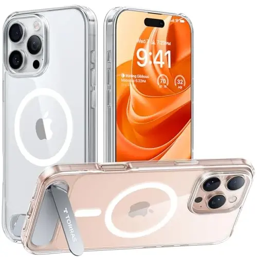 iPhone 16 Pro Max uchun TORRAS Diamond Clear g‘ilofi | Kuchli magnit va uzluksiz tirgak, MagSafe uchun mos, harbiy darajadagi zarbadan himoya, mustahkam sozlanishi o‘rnatilgan tayanch, ingichka sarg‘ayishga qarshi - 1