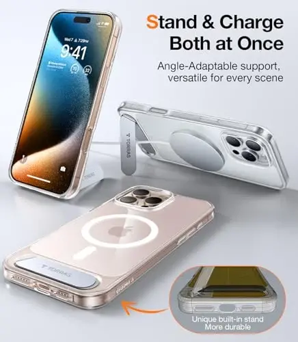iPhone 16 Pro Max uchun TORRAS Diamond Clear g‘ilofi | Kuchli magnit va uzluksiz tirgak, MagSafe uchun mos, harbiy darajadagi zarbadan himoya, mustahkam sozlanishi o‘rnatilgan tayanch, ingichka sarg‘ayishga qarshi - TORRAS (1)