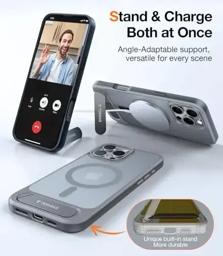 iPhone 16 Pro Max uchun TORRAS g'ilofi Yarim shaffof tabiiy titanium kulrang | Kuchli magnit va uzluksiz stend, MagSafe uchun mos, harbiy darajadagi tushishdan himoya, mustahkam sozlanishi tayanch, nozik mat qoplama - TORRAS (1)