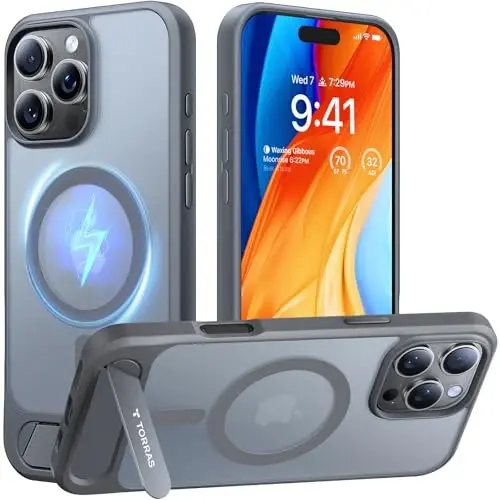 iPhone 16 Pro Max uchun TORRAS g'ilofi Yarim shaffof tabiiy titanium kulrang | Kuchli magnit va uzluksiz stend, MagSafe uchun mos, harbiy darajadagi tushishdan himoya, mustahkam sozlanishi tayanch, nozik mat qoplama - 1