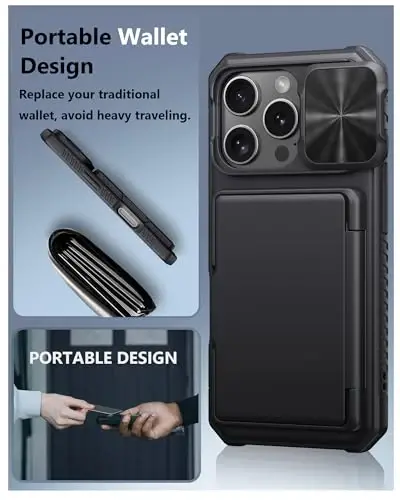 iPhone 16 Pro uchun ATATOO hamyonli g‘ilofi, o‘rnatilgan karta ushlagichi (3-5 karta) [RFID blokirovkasi] & Slayd kamerali qopqoq, harbiy darajadagi himoya, iPhone 16 Pro 6.3