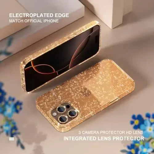 iPhone 16 Pro uchun Choiche mos keladigan ayollar telefon g'ilofi, chiroyli yaltiroq, harbiy darajadagi tushishdan himoya, 3 ta olmosli kamera linzalari qopqog'i, 2 ta закаленное oynali himoyachi, 6,3 dyuym (yaltiroq oltin) - 5