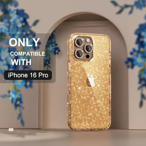 iPhone 16 Pro uchun Choiche mos keladigan ayollar telefon g'ilofi, chiroyli yaltiroq, harbiy darajadagi tushishdan himoya, 3 ta olmosli kamera linzalari qopqog'i, 2 ta закаленное oynali himoyachi, 6,3 dyuym (yaltiroq oltin) - 3