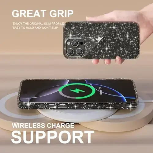 iPhone 16 Pro uchun Choiche mos keladigan ayollar telefon qutisi, chiroyli yaltiroq, harbiy darajadagi tushishdan himoya, 3 ta olmosli kamera linzalari qopqog'i, 2 ta закаленное oynali himoyachi, 6,3 dyuym (Glitter Black) - 7