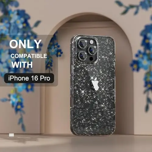 iPhone 16 Pro uchun Choiche mos keladigan ayollar telefon qutisi, chiroyli yaltiroq, harbiy darajadagi tushishdan himoya, 3 ta olmosli kamera linzalari qopqog'i, 2 ta закаленное oynali himoyachi, 6,3 dyuym (Glitter Black) - 3