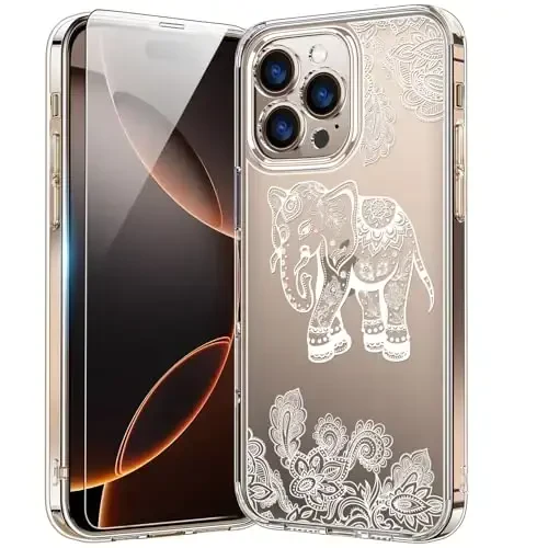 iPhone 16 Pro uchun ekran himoyachisi bilan bicol g'ilofi, takomillashtirilgan kamera himoyasi, qizlar va ayollar uchun moda dizaynlari bilan billur akril tiniq, ingichka himoya telefon qopqog'i, chiroyli fil - 1