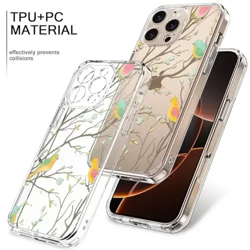 iPhone 16 Pro uchun ekran himoyachisi, takomillashtirilgan kamera himoyasi, moda naqshli qizlar ayollari uchun kristall akril tiniq, ingichka himoya telefon qopqog'i, rangli qushlar bilan bicol g'ilofi - 3