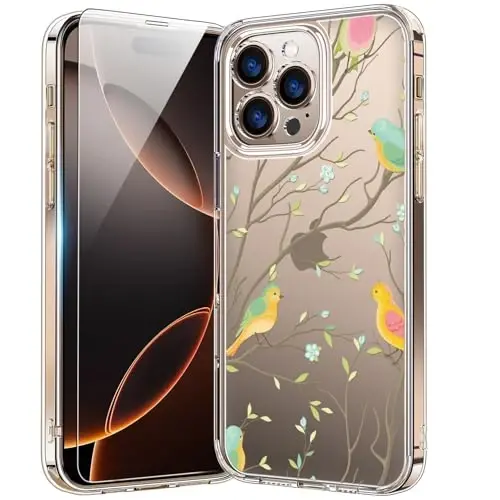 iPhone 16 Pro uchun ekran himoyachisi, takomillashtirilgan kamera himoyasi, moda naqshli qizlar ayollari uchun kristall akril tiniq, ingichka himoya telefon qopqog'i, rangli qushlar bilan bicol g'ilofi - 1