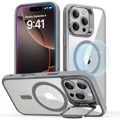 iPhone 16 Pro uchun ESR g'ilofi, MagSafe bilan mos, harbiy darajadagi himoya g'ilofi, o'rnatilgan yashirin stendli telefon g'ilofi, tirnalishga chidamli orqa qopqoq, Classic Series, tiniq kulrang 