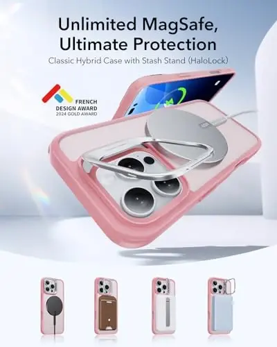 iPhone 16 Pro uchun ESR g'ilofi, MagSafe bilan mos, harbiy darajadagi himoya g'ilofi, o'rnatilgan yashirin tayanchli telefon g'ilofi, tirnalishga chidamli orqa qopqoq, klassik seriya, muzli pushti - 4