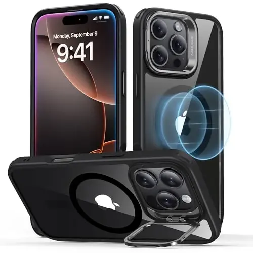 iPhone 16 Pro uchun ESR g‘ilofi, MagSafe bilan mos keladi, harbiy darajadagi himoya g‘ilofi, o‘rnatilgan yashirin tayanchli telefon g‘ilofi, tirnalishga chidamli orqa qopqoq, Classic Series, shaffof qora 