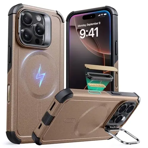 iPhone 16 Pro uchun ESR g‘ilofi, saqlash stendi, kamera boshqaruvi, 7 metrlik harbiy darajadagi zarbani yutuvchi tushishdan himoya, MagSafe aksessuarlari bilan mos, magnit Cyber Series, oltin - 3