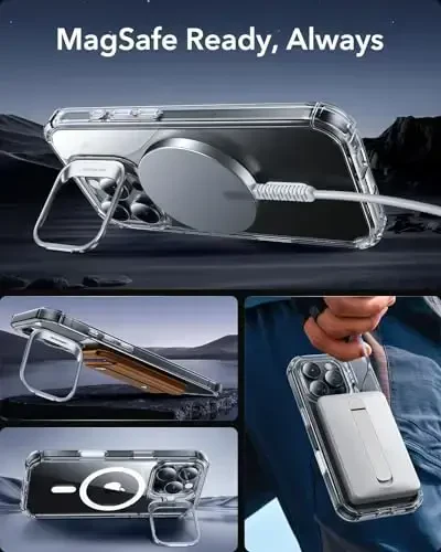 iPhone 16 Pro uchun ESR g'ilofi, stendli, MagSafe bilan mos keladigan kamera boshqaruv tugmasi, o'rnatilgan 9H+ temperli shisha ekran himoyachisi bilan to'liq korpusli harbiy darajadagi tushishga chidamli g'ilof, tiniq - 6