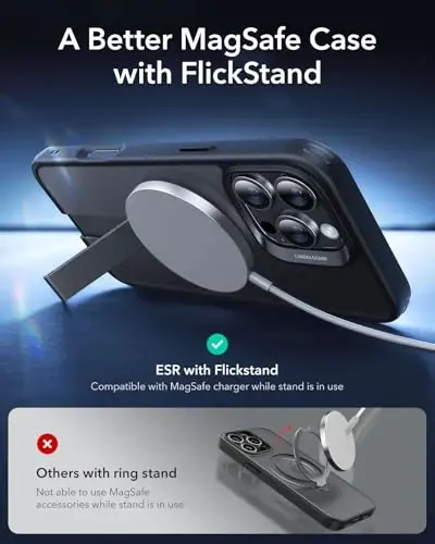 iPhone 16 Pro uchun ESR g'ilofi, tayanchli, harbiy darajadagi zarbga chidamli himoya, magnit to'liq sozlanishi Flickstand telefon g'ilofi, MagSafe aksessuarlari bilan mos, Boost seriyasi, muzli qora - 3