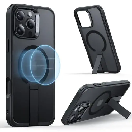 iPhone 16 Pro uchun ESR g'ilofi, tayanchli, harbiy darajadagi zarbga chidamli himoya, magnit to'liq sozlanishi Flickstand telefon g'ilofi, MagSafe aksessuarlari bilan mos, Boost seriyasi, muzli qora 