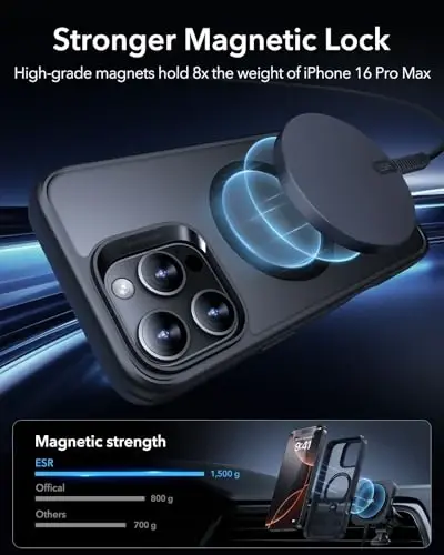 iPhone 16 Pro uchun ESR g'ilofi, tayanchli, harbiy darajadagi zarbga chidamli himoya, magnit to'liq sozlanishi Flickstand telefon g'ilofi, MagSafe aksessuarlari bilan mos, Boost seriyasi, muzli qora - 4
