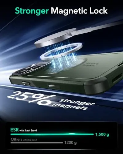 iPhone 16 Pro uchun ESR g‘ilofi, Yashirish stendi, Kamera boshqaruvi, 7 metrlik harbiy darajadagi zarbani yutuvchi tushishdan himoya, MagSafe aksessuarlari bilan mos, Magnit Cyber Series, Yashil - 7