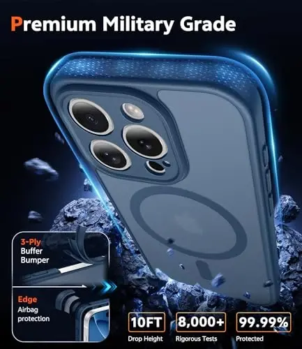 iPhone 16 Pro uchun FNTCASE g'ilofi: Magsafe bilan mos keladigan mat magnit telefon g'iloflari, ekran himoyachisi bilan, ingichka, sarg'ayishga qarshi, zarbga chidamli himoya yarim shaffof telefon qopqog'i (C-ko'k) - 6