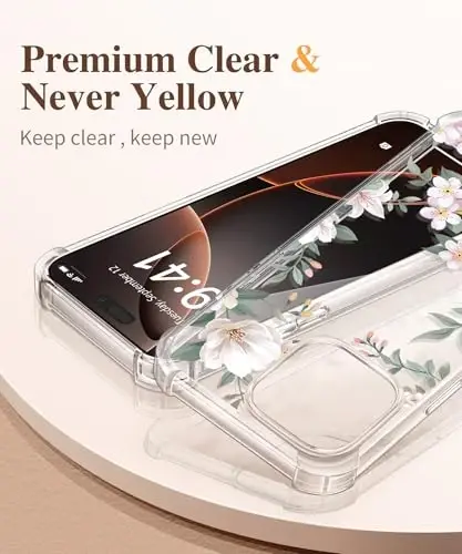 iPhone 16 Pro uchun GVIEWIN g'ilofi, ekran himoyachisi va kamera linzalari himoyachisi bilan, harbiy darajadagi himoya, zarbaga chidamli ingichka gul naqshli ayollar telefoni g'ilofi iPhone 16 Pro uchun, Magnolia/Oq - 3