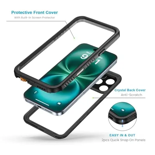 iPhone 16 Pro uchun Lanhiem suv o'tkazmaydigan g'ilof, chang o'tkazmaydigan g'ilof, o'rnatilgan ekran himoyachisi va kamera himoyasi, 360 daraja to'liq korpusli og'ir yukga chidamli suv o'tkazmaydigan telefon g'ilofi 6.3