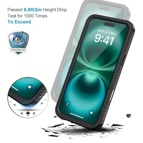 iPhone 16 Pro uchun Lanhiem suv o'tkazmaydigan g'ilof, chang o'tkazmaydigan g'ilof, o'rnatilgan ekran himoyachisi va kamera himoyasi, 360 daraja to'liq korpusli og'ir yukga chidamli suv o'tkazmaydigan telefon g'ilofi 6.3