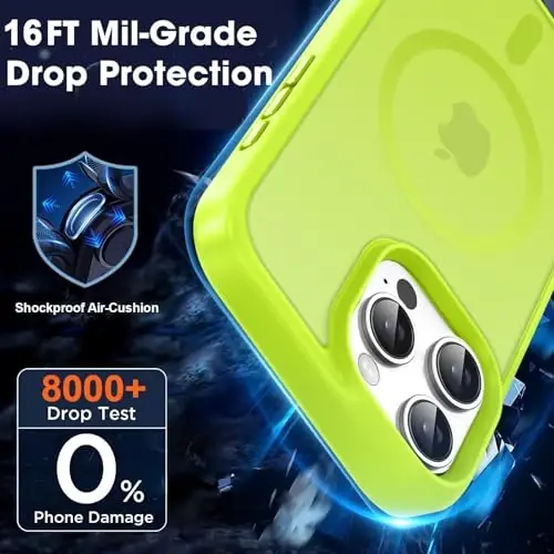 iPhone 16 Pro uchun MOCCA kuchli magnitli telefon qutisi, [Magsafe bilan mos keladi][16FT harbiy darajadagi tushishdan himoya] iPhone 16 Pro uchun ingichka shaffof mat qoplamali himoya qutisi, lyuminestsent yashil - 4
