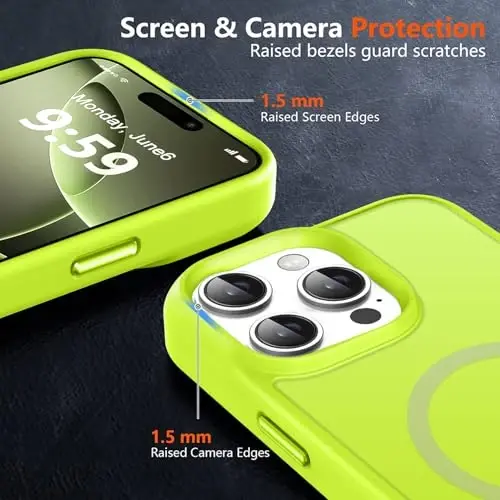 iPhone 16 Pro uchun MOCCA kuchli magnitli telefon qutisi, [Magsafe bilan mos keladi][16FT harbiy darajadagi tushishdan himoya] iPhone 16 Pro uchun ingichka shaffof mat qoplamali himoya qutisi, lyuminestsent yashil - 5