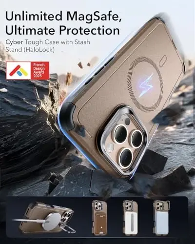 iPhone 16 Pro uchun stendli ESR g'ilofi, 23 FT harbiy darajadagi tushishdan himoya, og'ir yuk ko'taruvchi magnit telefon g'ilofi, MagSafe aksessuarlari bilan mos keladi, Cyber Series, oltin - ESR