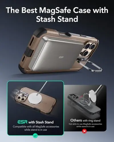 iPhone 16 Pro uchun stendli ESR g'ilofi, 23 FT harbiy darajadagi tushishdan himoya, og'ir yuk ko'taruvchi magnit telefon g'ilofi, MagSafe aksessuarlari bilan mos keladi, Cyber Series, oltin - 5