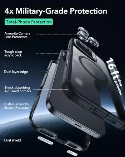 iPhone 16 Pro uchun stendli ESR g‘ilofi, MagSafe bilan mos keladigan kamera boshqaruv tugmasi, o‘rnatilgan 9H+ temperlangan shisha ekran himoyachisi bilan to‘liq harbiy darajadagi tushishga chidamli g‘ilof, muzli qora - 5