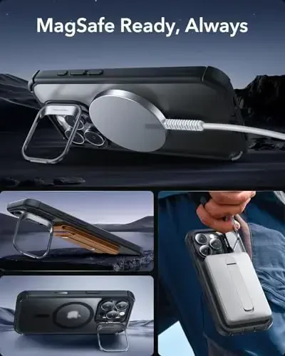 iPhone 16 Pro uchun stendli ESR g‘ilofi, MagSafe bilan mos keladigan kamera boshqaruv tugmasi, o‘rnatilgan 9H+ temperlangan shisha ekran himoyachisi bilan to‘liq harbiy darajadagi tushishga chidamli g‘ilof, muzli qora - 6