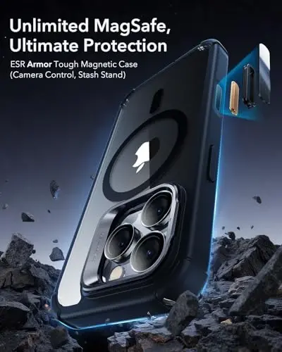 iPhone 16 Pro uchun stendli ESR g‘ilofi, MagSafe bilan mos keluvchi kamera boshqaruv tugmasi, o‘rnatilgan 9H+ temperlangan oynali ekran himoyachisi bilan to‘liq korpusli harbiy standartdagi zarbga chidamli g‘ilof, tiniq qora - ESR (1)