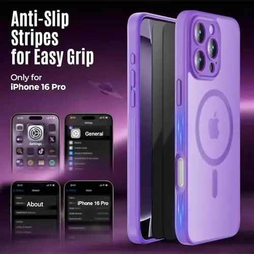 iPhone 16 Pro uchun Symcele dizayni, MagSafe bilan mos, Maxfiylik ekran himoyachilari X2 bilan, [Kamera himoyasi] [15FT Harbiy tomchidan himoya] Zarba o'tkazmaydigan telefon qutisi, 2024, Och binafsha - 6