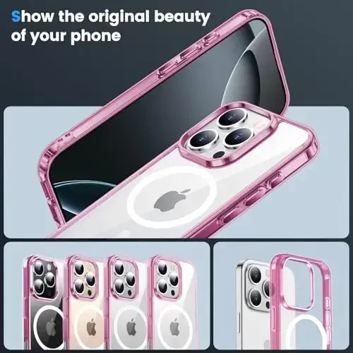iPhone 16 Pro uchun Temdan g'ilofi shaffof, Magsafe bilan mos, sarg'ayishga qarshi, harbiy darajadagi himoya, zarbga chidamli ingichka magnit telefon g'ilofi qopqog'i, pushti - 5