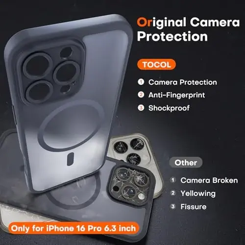iPhone 16 Pro uchun TOCOL magnitli himoya korpusi, yangilangan toʻliq kamera himoyasi, MagSafe bilan mos keladi, tushishdan himoya qiladi, shaffof matli orqa bamperi, 6,3 dyuymli iPhone 16 Pro uchun (qora) - 5
