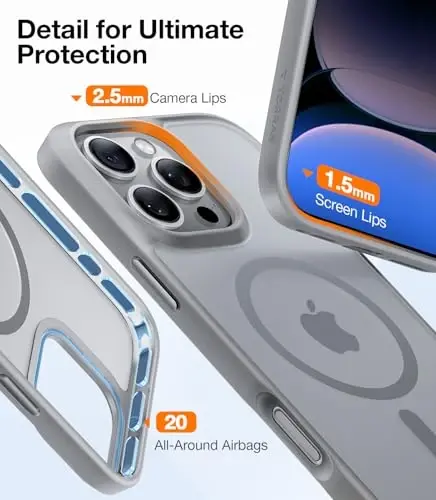 iPhone 16 Pro uchun TORRAS g'ilofi yarim shaffof mat qopqoq/tabiiy titan kulrang qirrasi | MagSafe bilan mos, harbiy darajadagi tushishdan himoya, kuchliroq magnit, zarbga chidamli havo yostig'i, rangli tugma, ingichka - 5