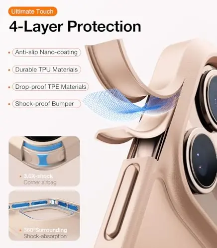 iPhone 16 Pro uchun TORRAS Guardian zarbga chidamli g'ilofi, harbiy darajadagi 4X sinovdan o'tgan himoya, DIY tugmachalari tirnalishga qarshi magnitsiz yarim shaffof mat qattiq yupqa g'ilof iPhone 16 Pro 6.3 dyuym, oltin rang - 3