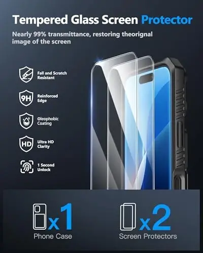 iPhone 16 uchun ATATOO g'ilofi HD temperli shisha ekran himoyachisi [2 dona], o'rnatilgan karta ushlagichi, slayd kamerali qopqoq, harbiy darajadagi himoya, iPhone 16 6.1